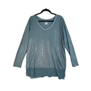 LANE BRYANT Long Sleeve SHIRT WOMENS 14/16 Blue Teal Shimmer silver V Neck